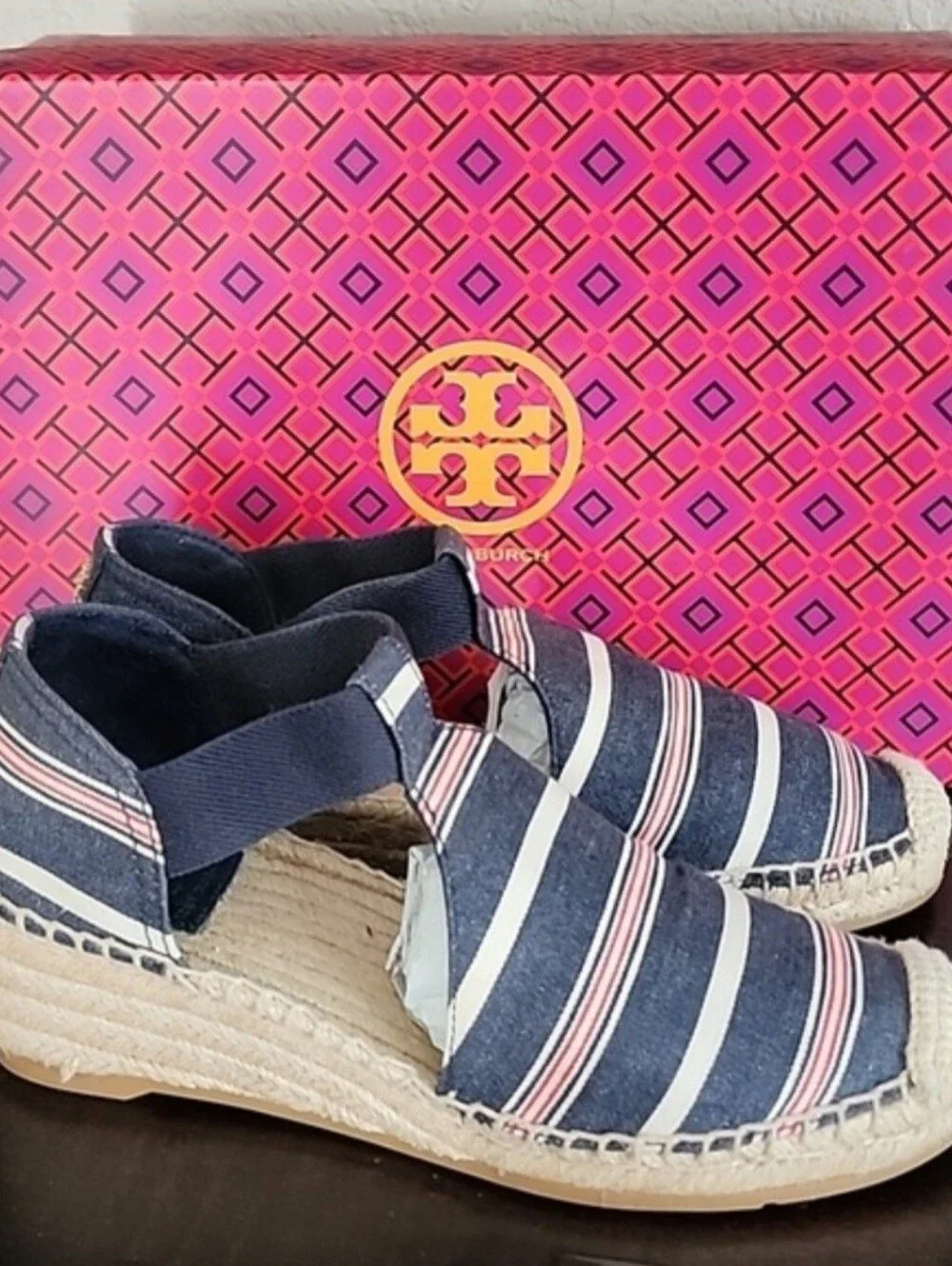 Tory Burch Catalina 3 50mm Espadrille Striped Canvas/Elastic Size 8